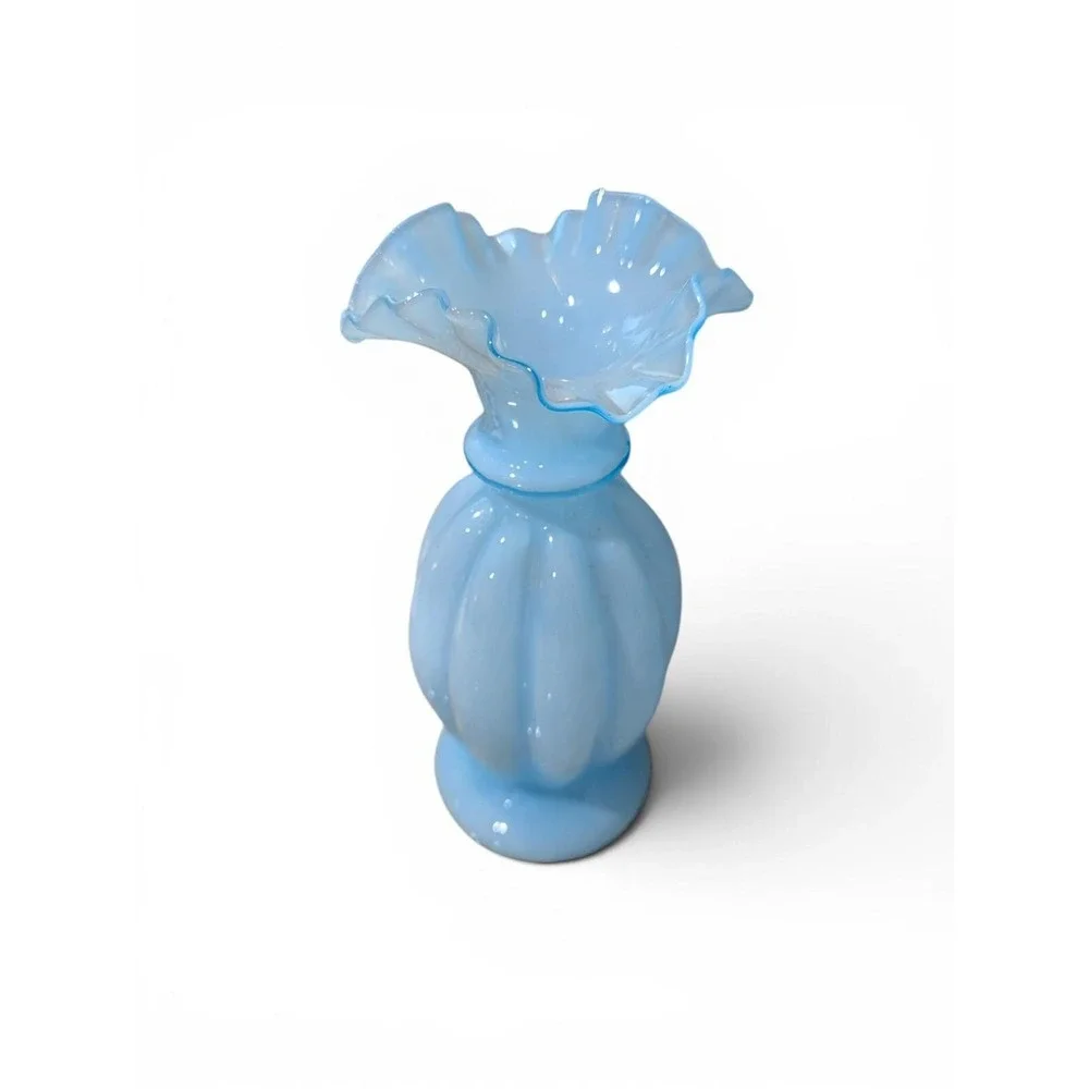 Vintage Blue Opalescent Milk Glass Melon Ribbed Ruffled Rim Vases Pair 8.5